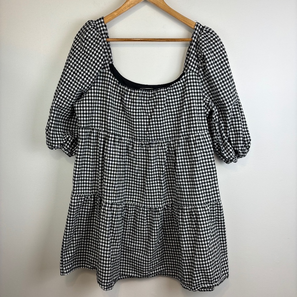 Harper Heritage Checkered Babydoll Mini Dress Balloon Sleeve